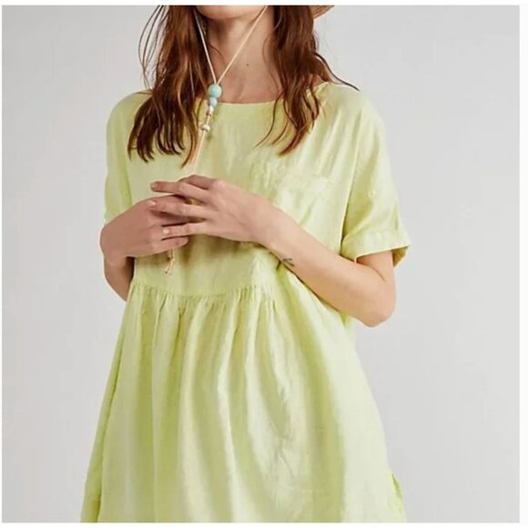 Free People Moon City Oversized Linen Swing Top Minted Lemonade Neon Yellow M - Picture 2 of 8